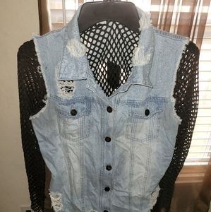 Distressed Fishnet Jean Jacket